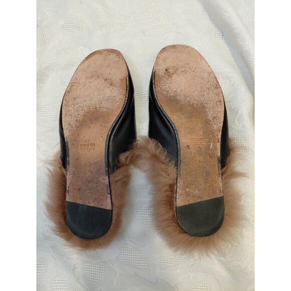 Gucci Princetown Shearling-Lined Mules Black Leather Gold Horsebit Size 37 - Picture 6 of 7